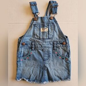 OshKosh Bgosh Baby Girl Denim Overall Jumper Dress 12M Floral Embroidery Raw Hem